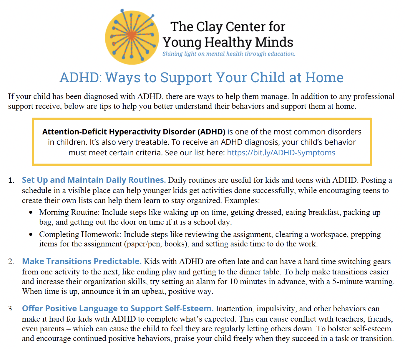 screenshot of our PDF on ADHD: Ways to Support Your Child at Home. Find full document here: https://www.mghclaycenter.org/assets/ADHD-PDF-Support-Your-Child-at-Home.pdf