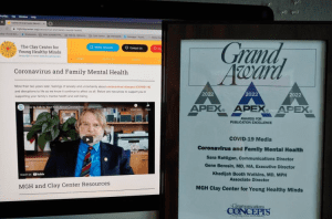 Photo of APEX Grand Award certificate alongside Clay Center winning webpage