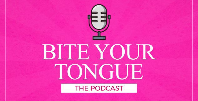 Bite Your Tongue Podcast logo - bright pink
