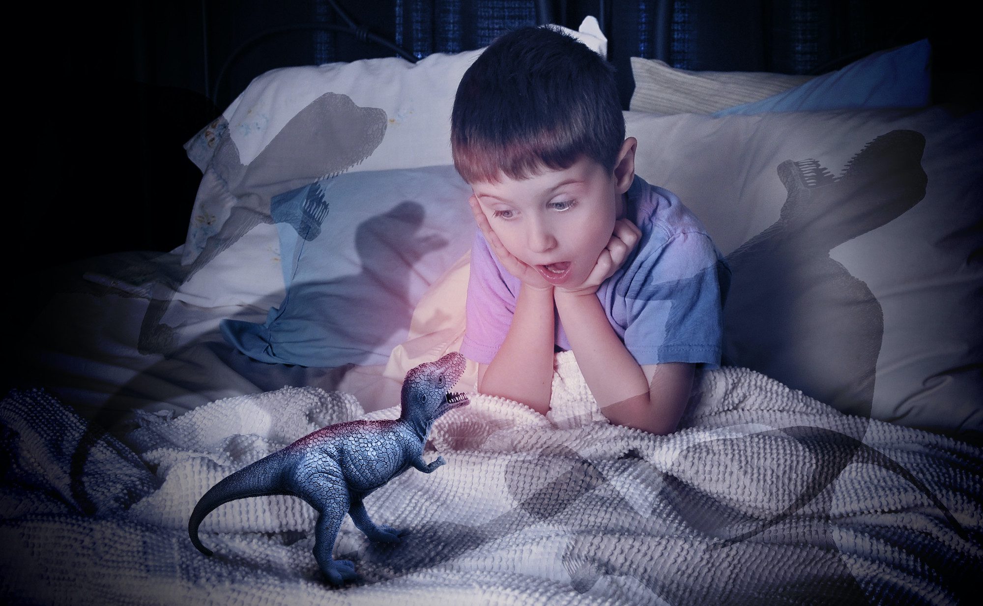 Child scared of dinosaur in bed at night