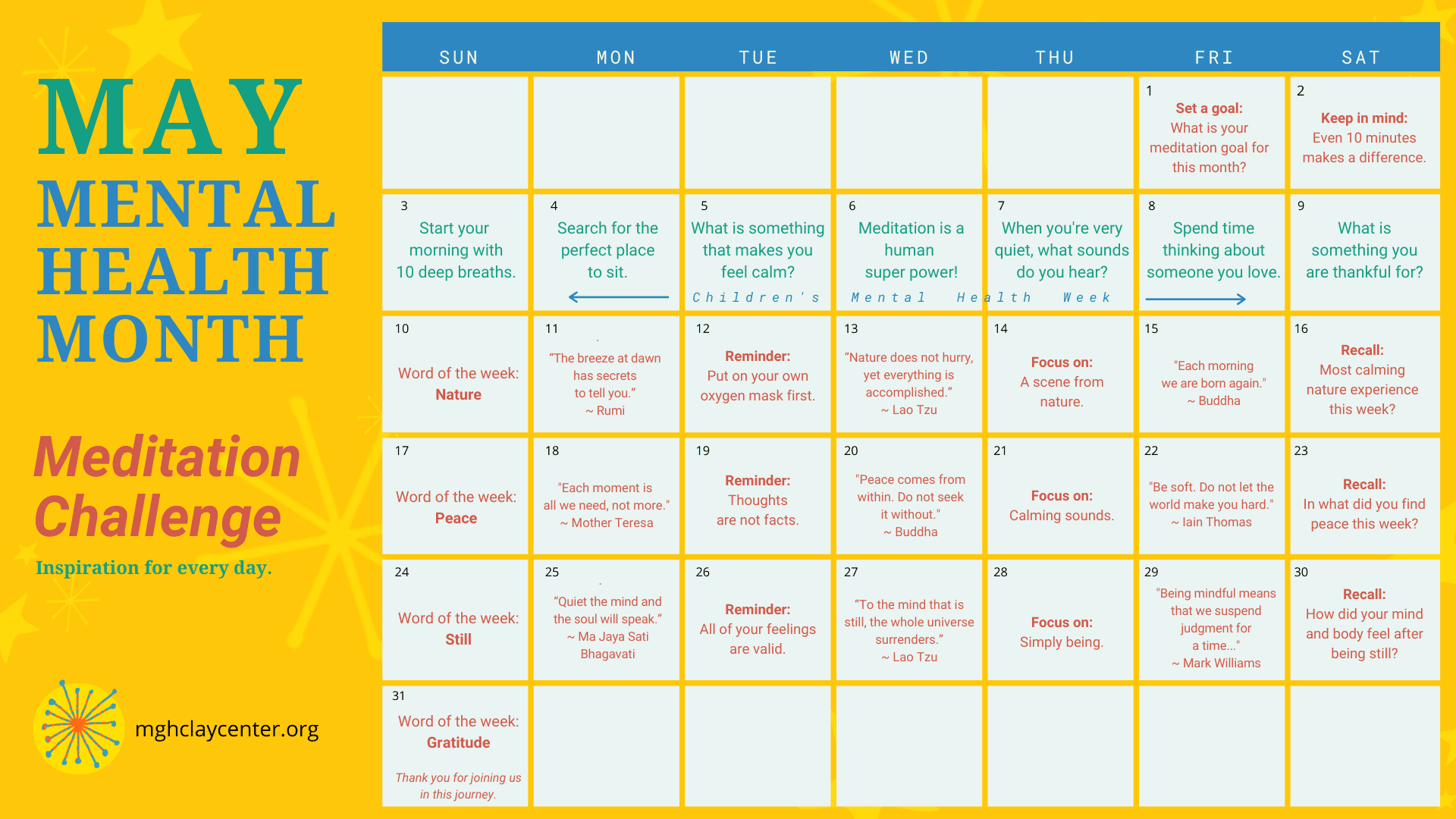 May Mental Health Month - Meditation Challenge Calendar - Inspiration for every day, from mghclaycenter.org