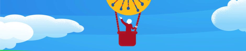 Clay Center logo hot air balloon over blue sky, hopeful background