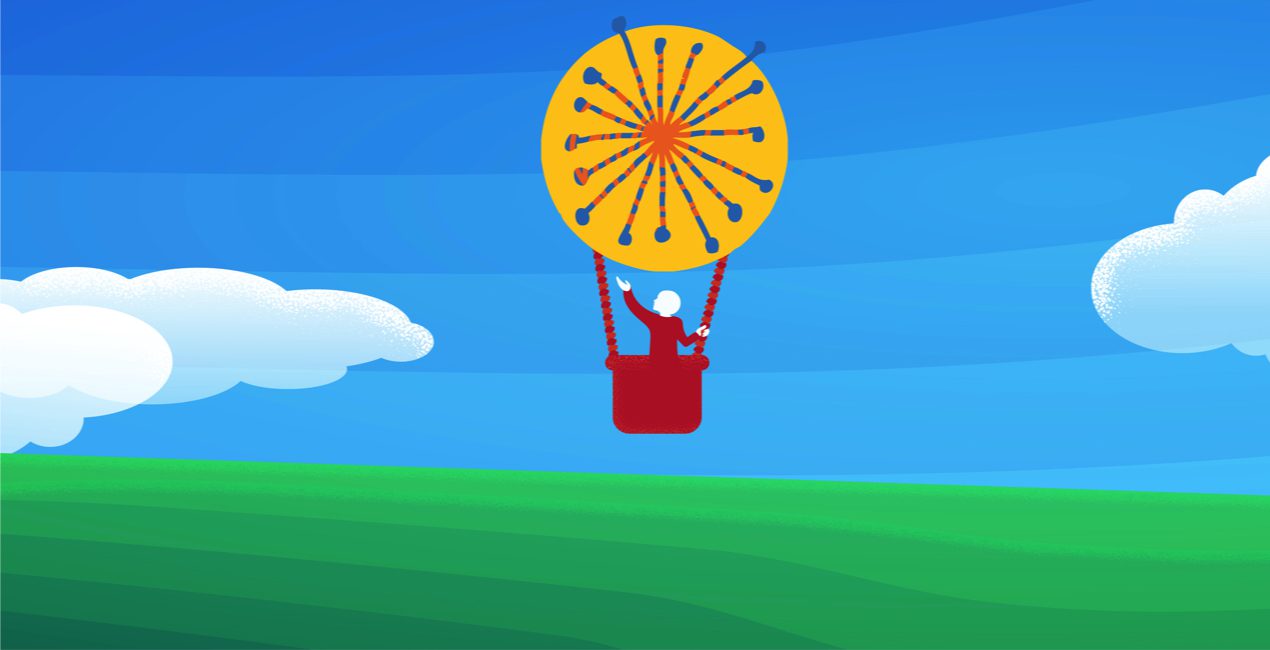 Clay Center logo hot air balloon over blue sky, hopeful background