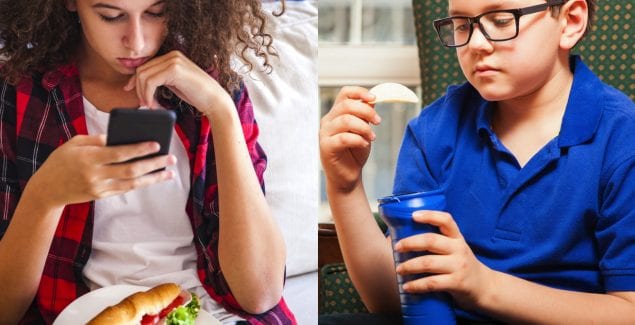 Split photo of girl using cell phone while eating big sandwich and boy holding potato chip and looking sad