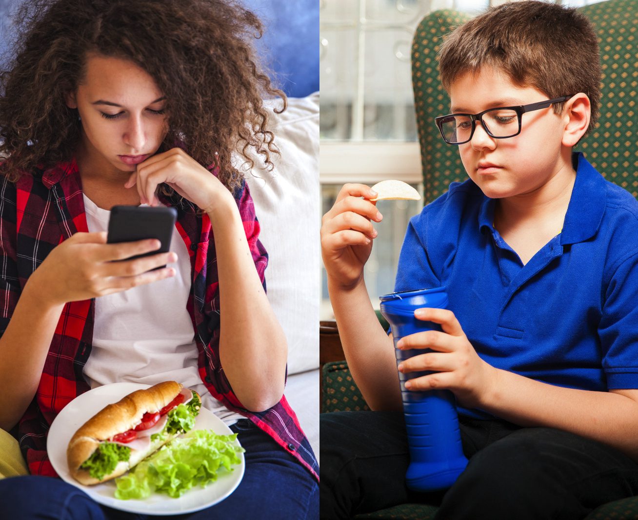 Split photo of girl using cell phone while eating big sandwich and boy holding potato chip and looking sad