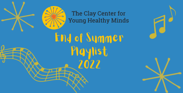 Graphic for The Clay Center for Young Healthy Mind's "End of Summer Playlist" over blue background with yellow music notes and stars