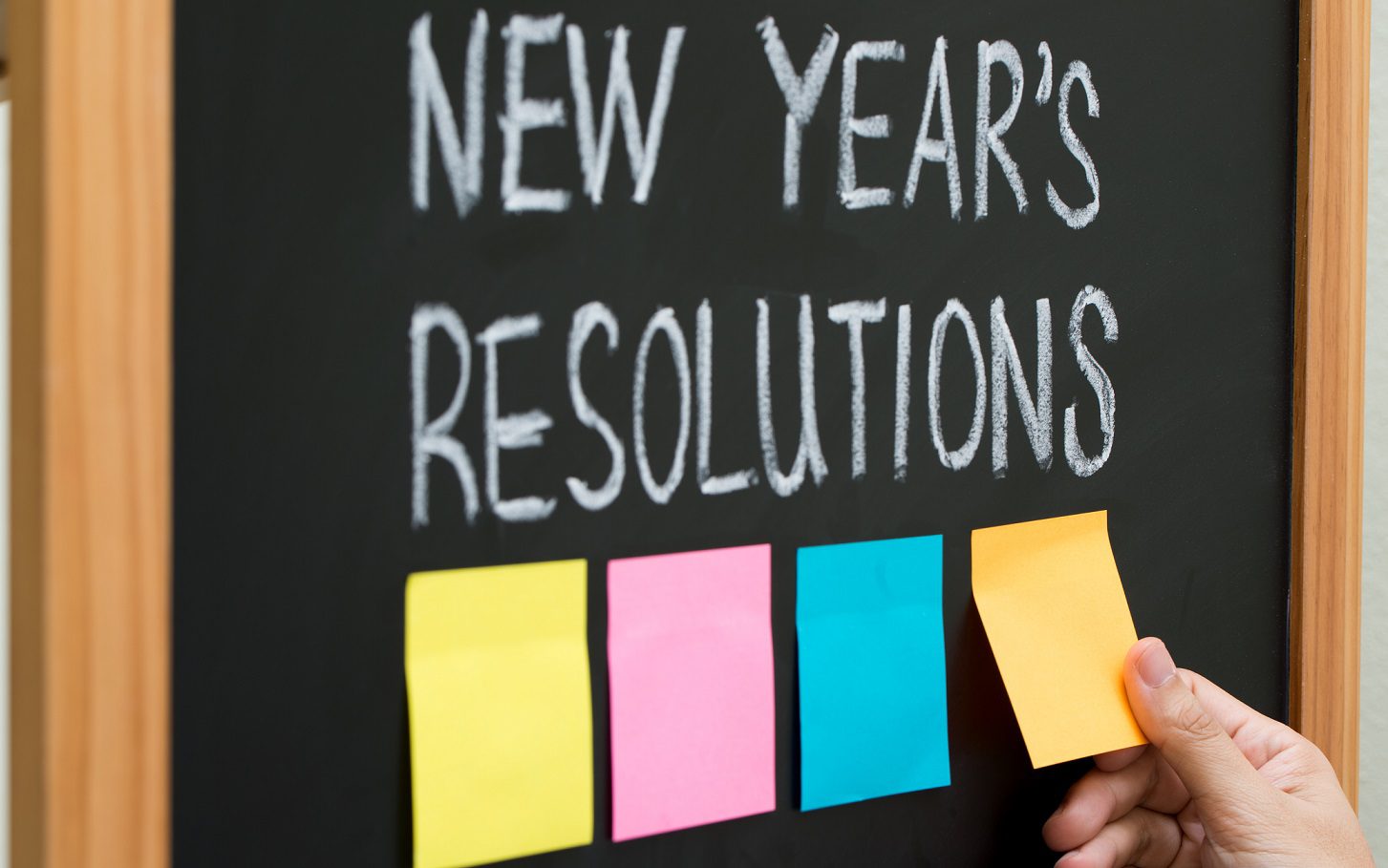 New Year's resolutions on a chalkboard