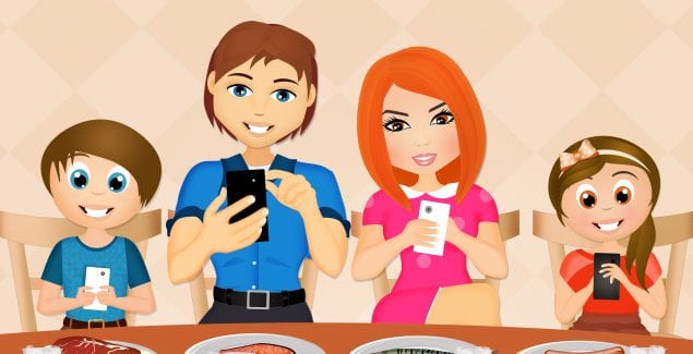 colorful illustration of family with at the dinner table holding cell phones