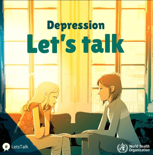 Cartoon image of two women sitting together with text "Depression Let's Talk"