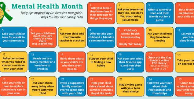 May calendar - colorful blocks with daily tips to foster social connection in kids and teens