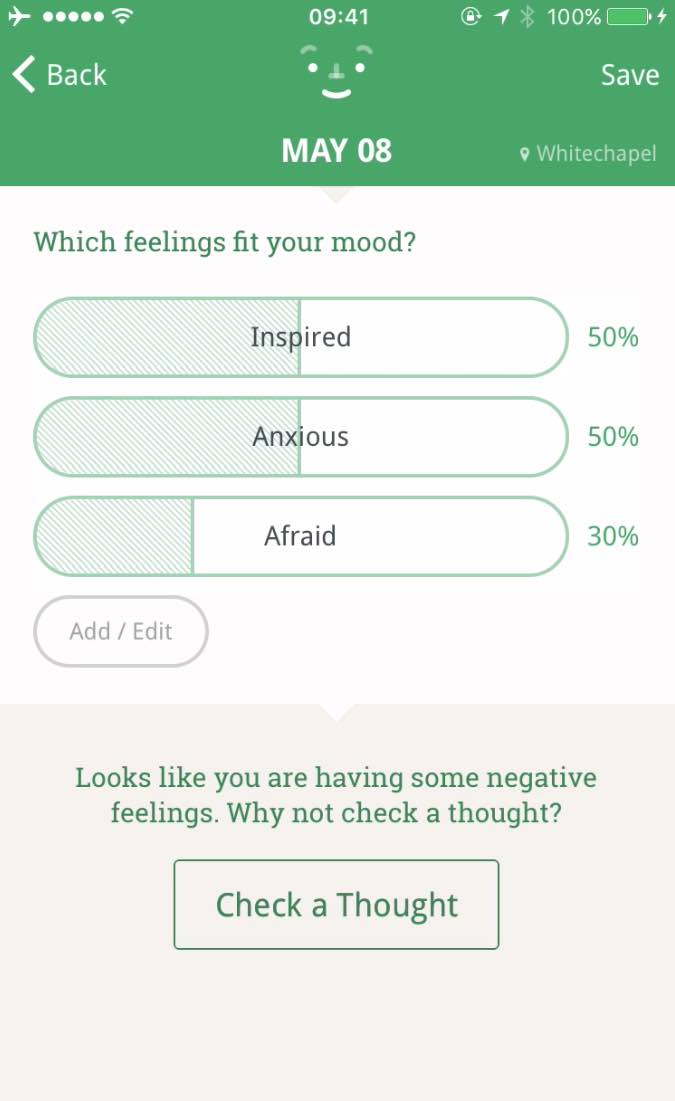 Screen shot from the Mood Notes app
