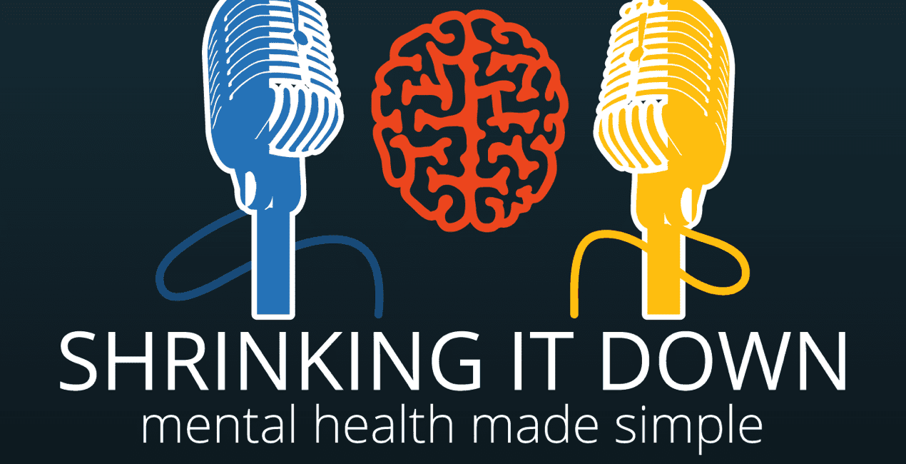 New Season - Shrinking It Down podcast logo - illustration of two microphones around a brain