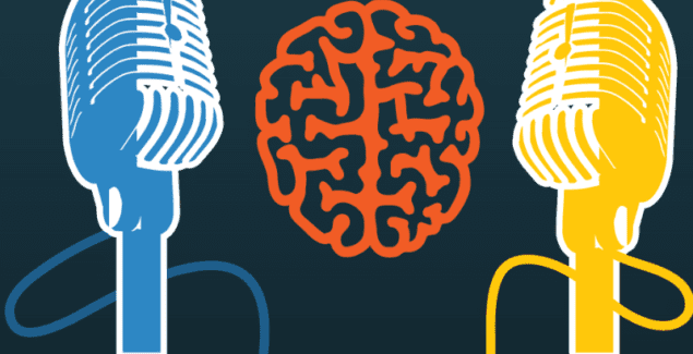 Shrinking It Down logo - Illustration of two retro microphones around a bright orange brain