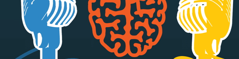Shrinking It Down logo - Illustration of two retro microphones around a bright orange brain. Podcast covers topics including anxiety, depression, social media, autism, gun violence, coping, phobias, fears, emotions, suicide, mental health, conversations, young adults, teens, kids, children, school, college, eating disorders, anorexia, digital media, instagram, ukraine, terrorism