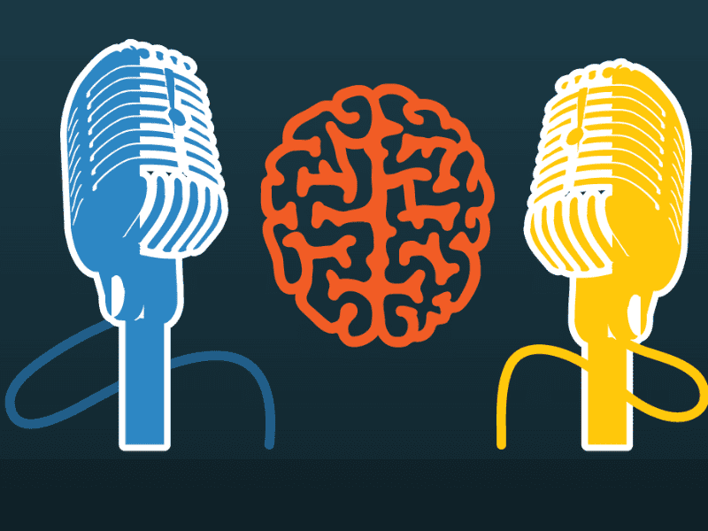 Shrinking It Down logo - Illustration of two retro microphones around a bright orange brain