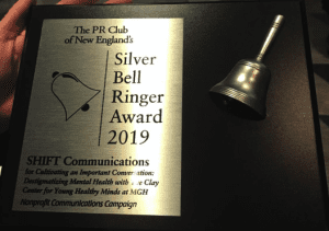Photo of Silver Bell Ringer Award for SHIFT and Clay Center