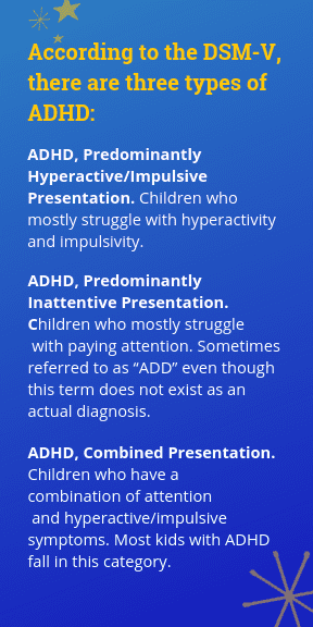 ADHD, Predominantly Hyperactive/Impulsive Presentation: Children who mostly struggle with hyperactivity and impulsivity. ADHD, Predominantly Inattentive Presentation: Children who mostly struggle with paying attention. Sometimes referred to as "ADD" even though this term does not exist as an actual diagnosis. ADHD, Combined Presentation: Children who have a combination of attention and hyperactive/impulsive symptoms. Most kids with ADHD fall in this category.